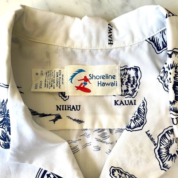 Vintage Shoreline Hawaiian Shirt Hawaii Islands Blue/White Map Print - Men's M - Picture 6 of 6